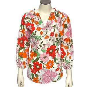 CCC Sheer Lightweight V Neck Floral Print Chiffon Loose Lantern Sleeve Blouse SM